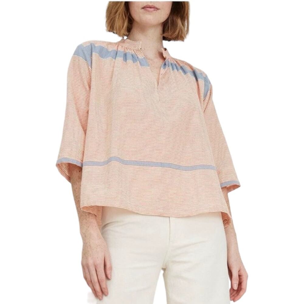 Apiece Apart Agata Shirred Boxy Flowy Blouse in Cote Stripe Orange Blue White 4
